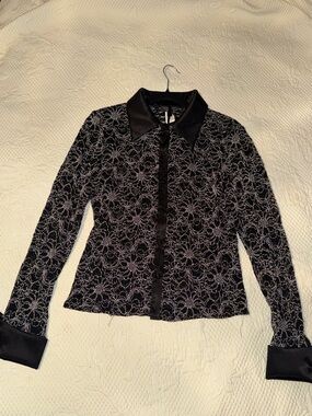 Xscape Black Lace Overlay Button-Front Top